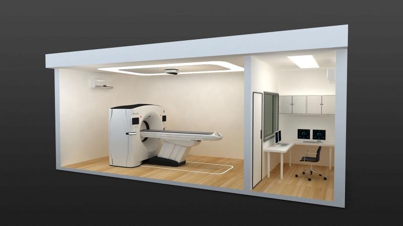 全视图的两个舱组成“CT-in-a-box”解决方案从通用电气快速部署在医院CT扫描仪在COVID激增。CT室是完全独立于控制室在卫生援助,让技术人员远离COVID病人。