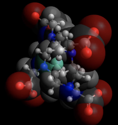 莱斯大学工程师的模拟揭示了MRI扫描中使用的钆造影剂与其液体环境之间分子相互作用的细节。在这个模型中，绿色的钆被蓝色的螯合离子包围，它们本身被水包围(灰色的氧原子和红色的氢原子)。Thiago Pinheiro dos Santos/莱斯大学